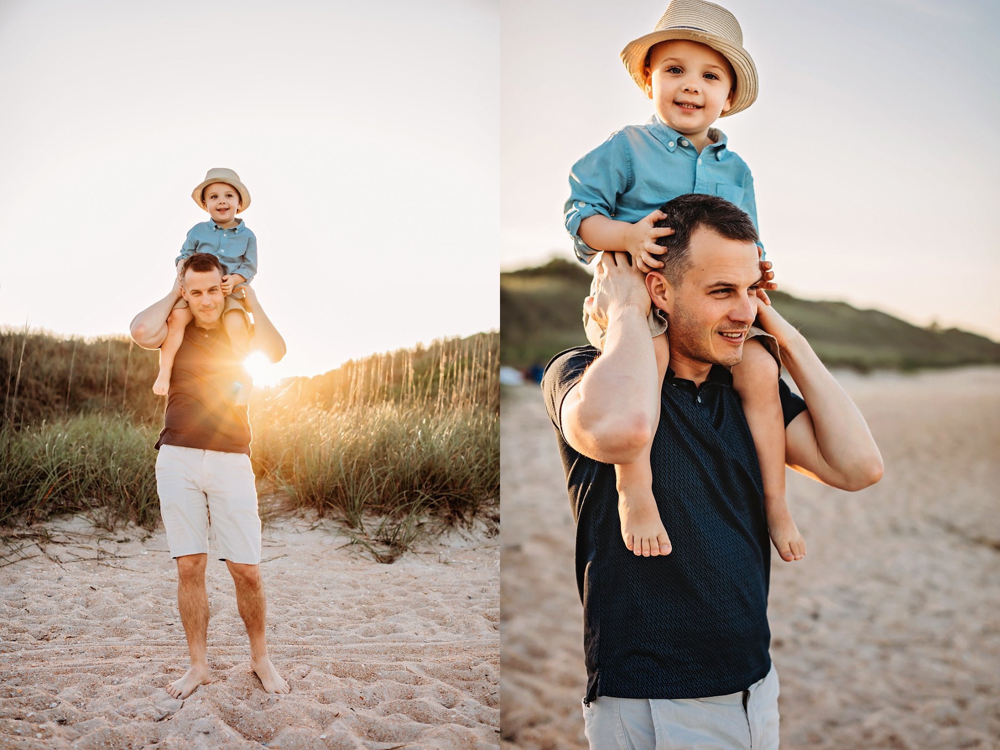 toddler boy in blue shirt and straw hat riding on dads shoulders on backlit beach
