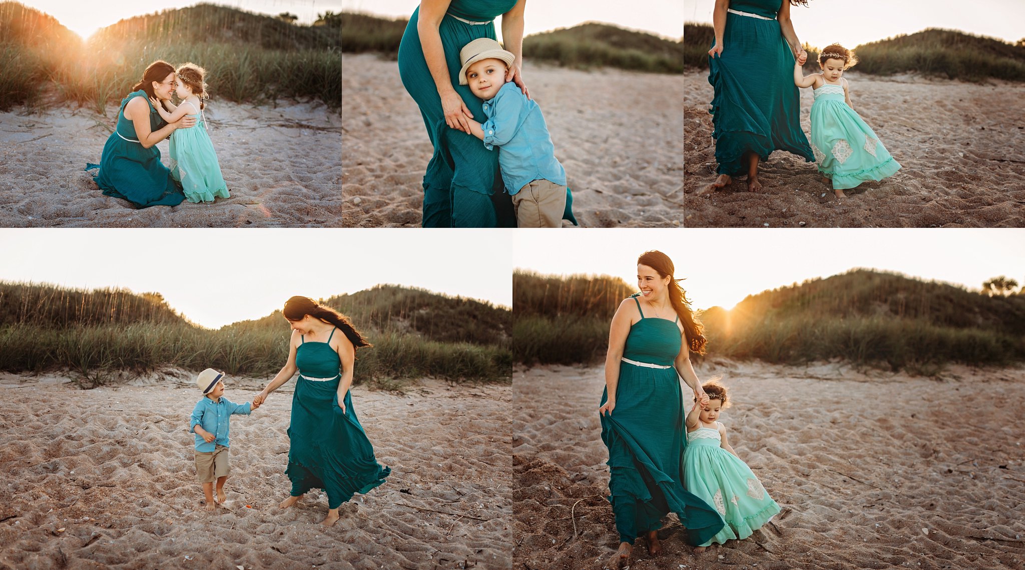 mom in green dress playing with boy girl twins on sunlit beach