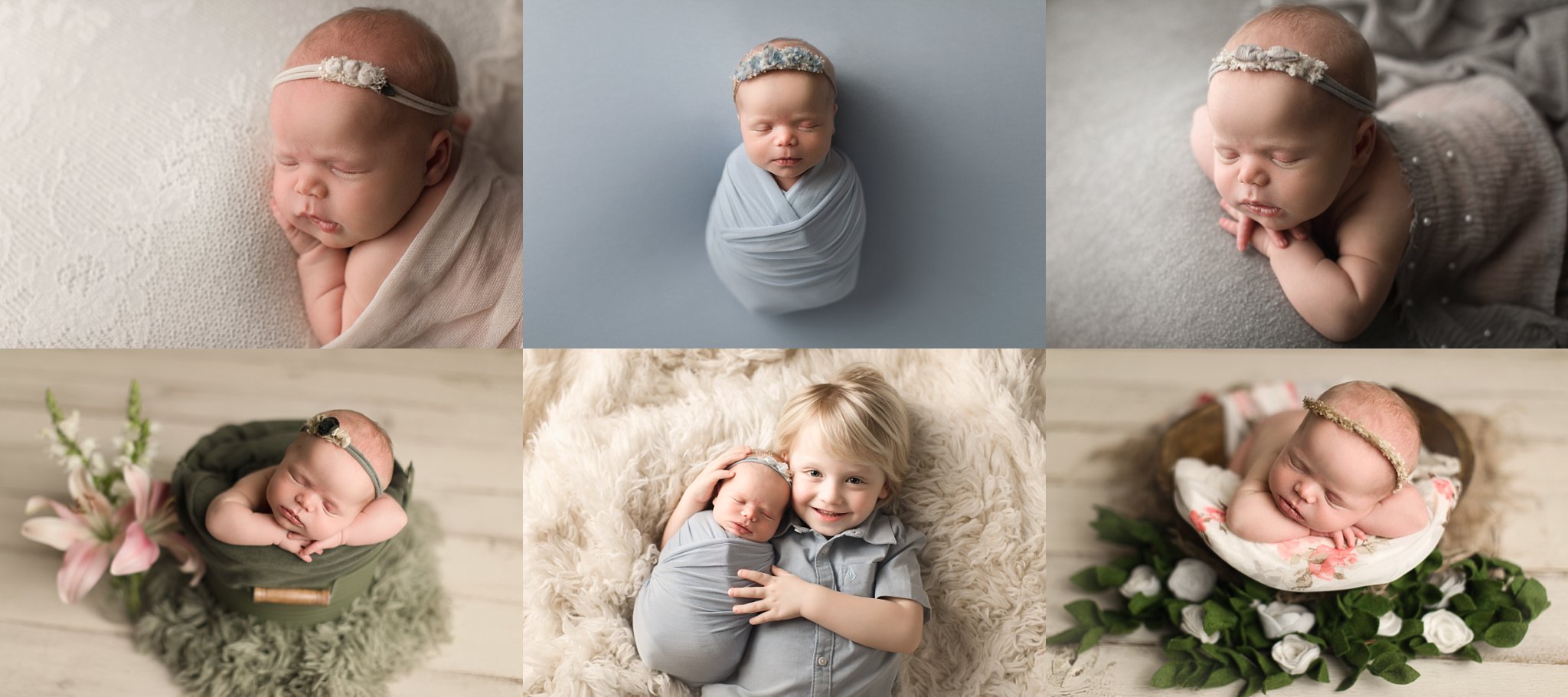 Sweet Baby Photos newborn baby girl photo collage basket prop grey blue cream backgrounds