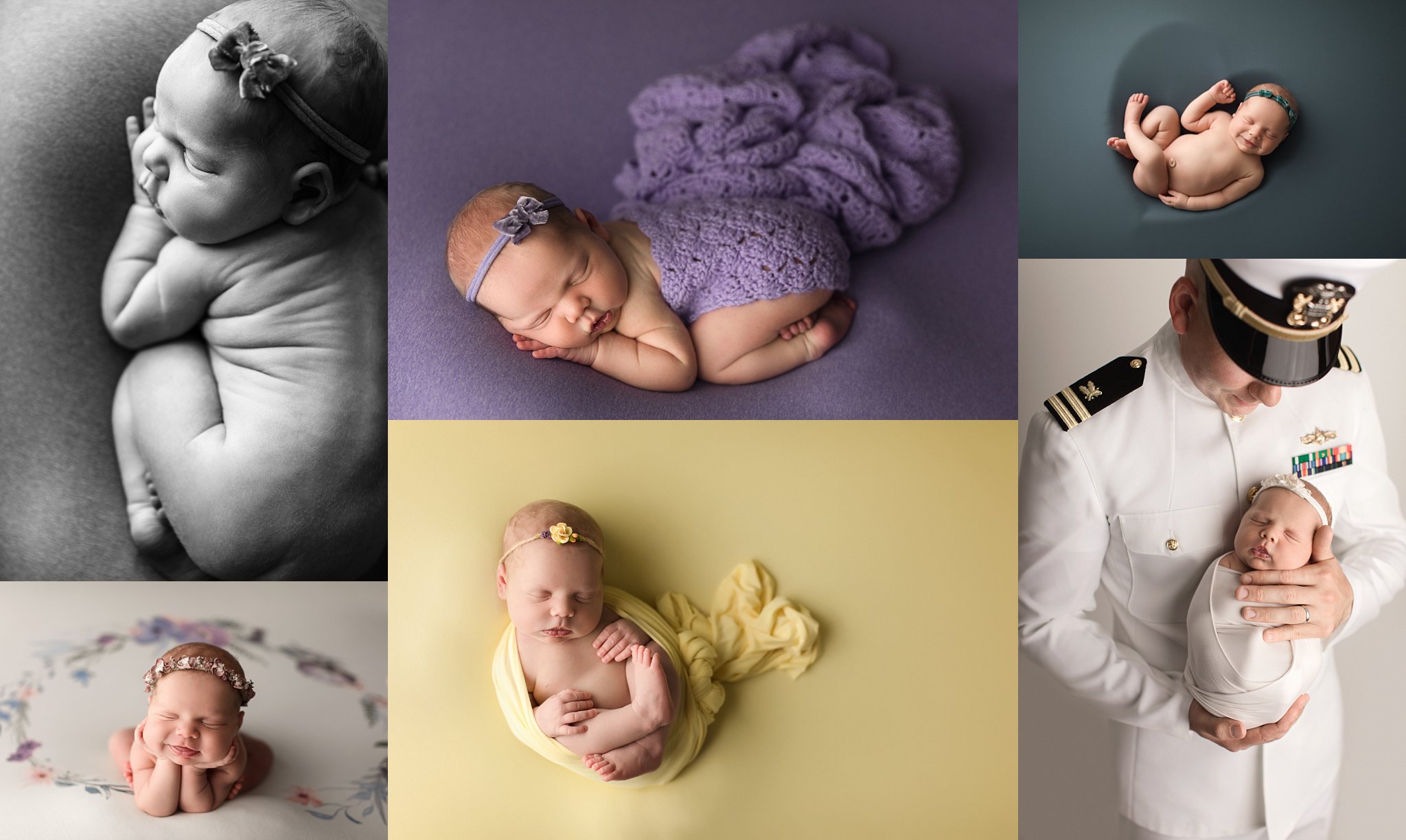 Sweet Baby Photos baby girl colorful newborn photo session purple yellow green and floral backgrounds navy dad holding baby