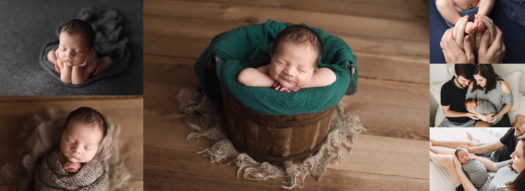 baby boy newborn photo sessin smiling in brown bucket with green blanket
