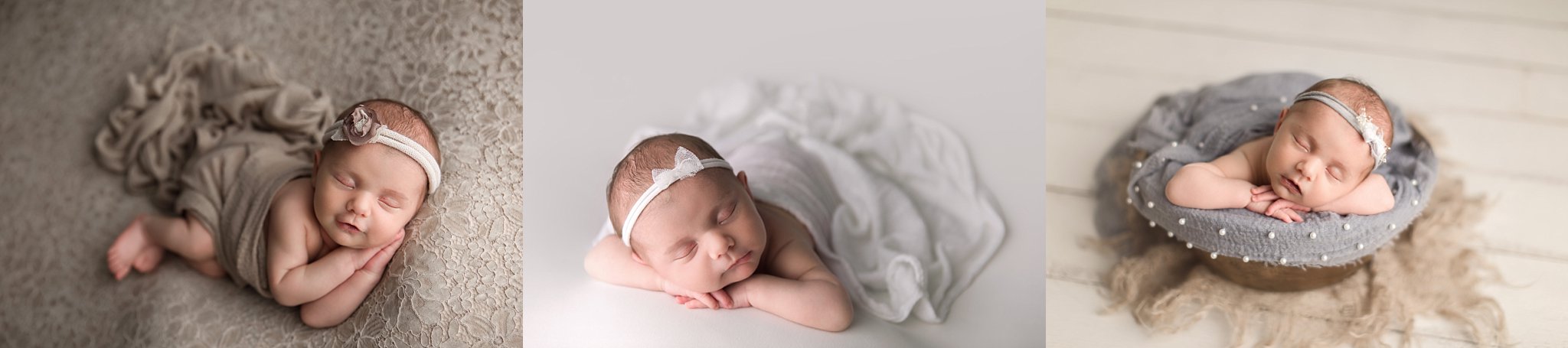 baby girl beige lace and white backdrops foreward facing and sidelying