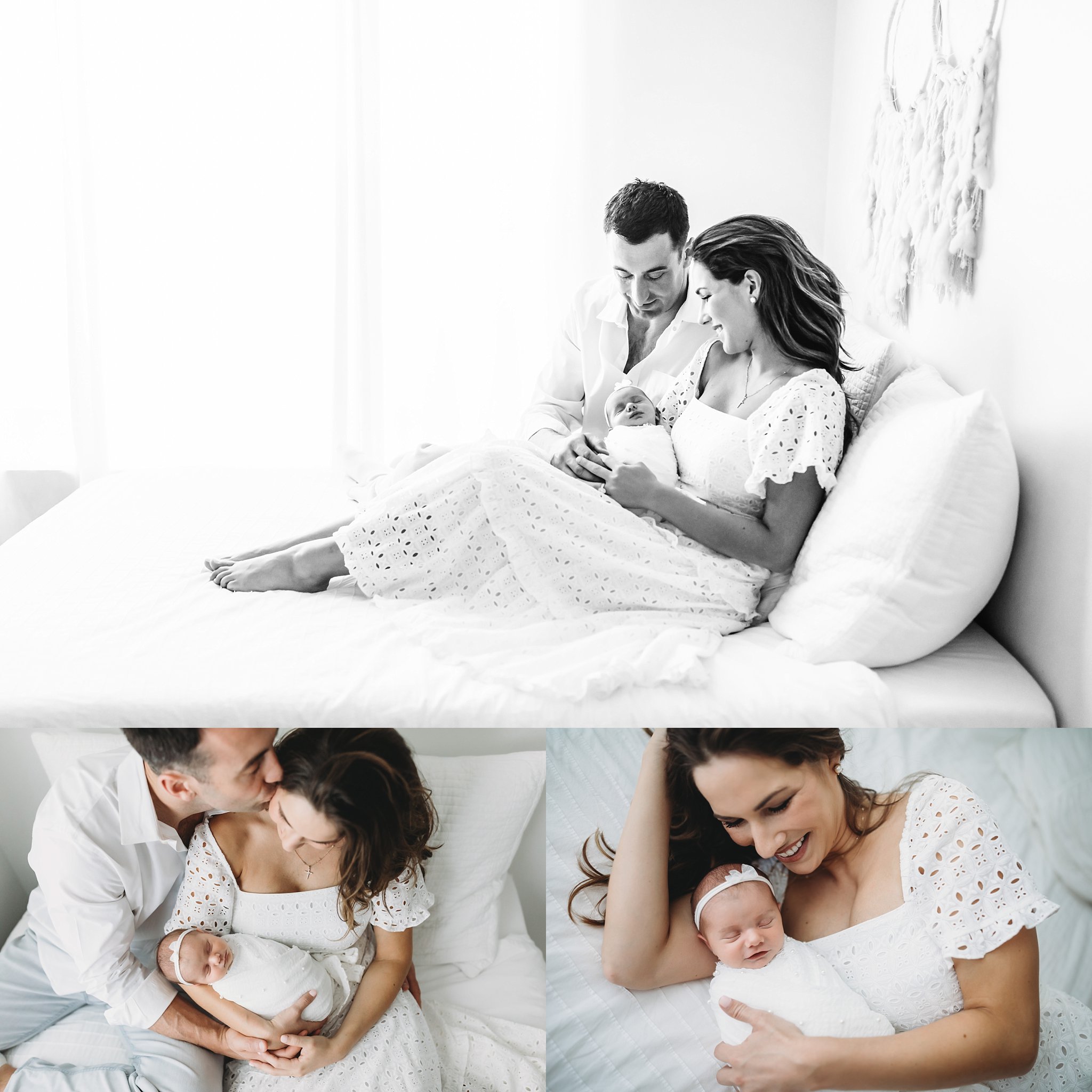Sweet Baby Photos gorgeous mom dad baby girl all white room newborn photo shoot