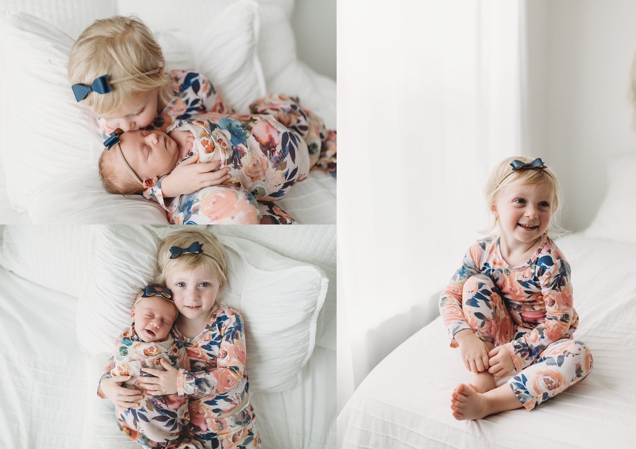 newborn baby girl and big sister in floral pajamas newborn photo shoot white room