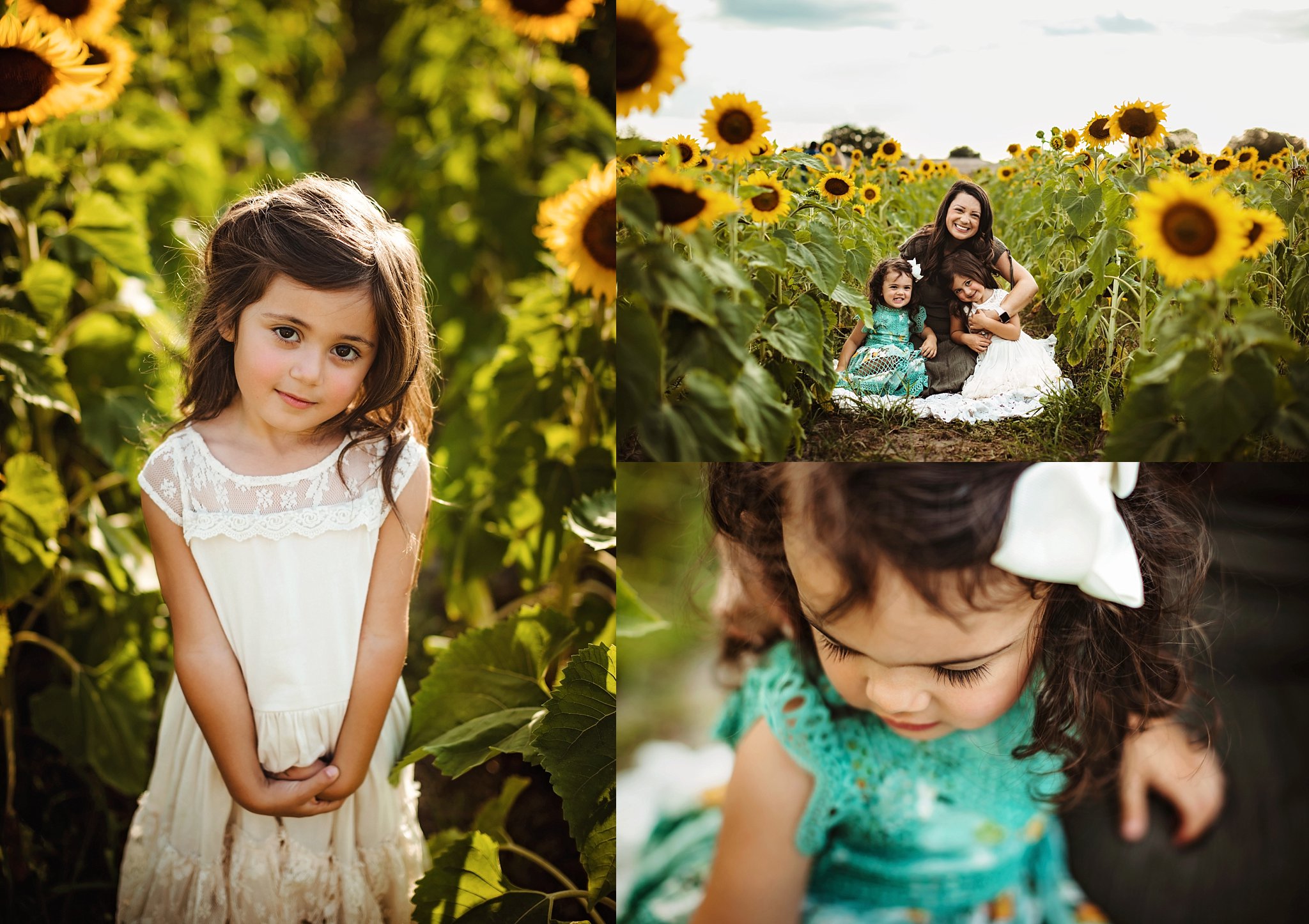 Sunflower Photography Session in NE Florida mom and 2 beautiful daughters in sunlit sunflower field 