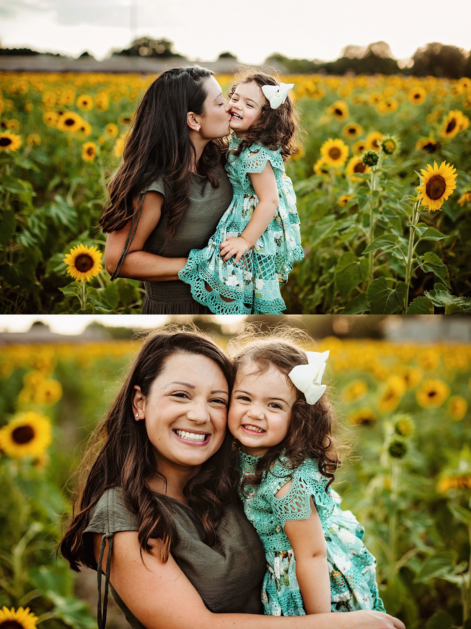 Sunflower Photography Session in NE Florida mom and beautiful daughter in sunlit sunflower field 