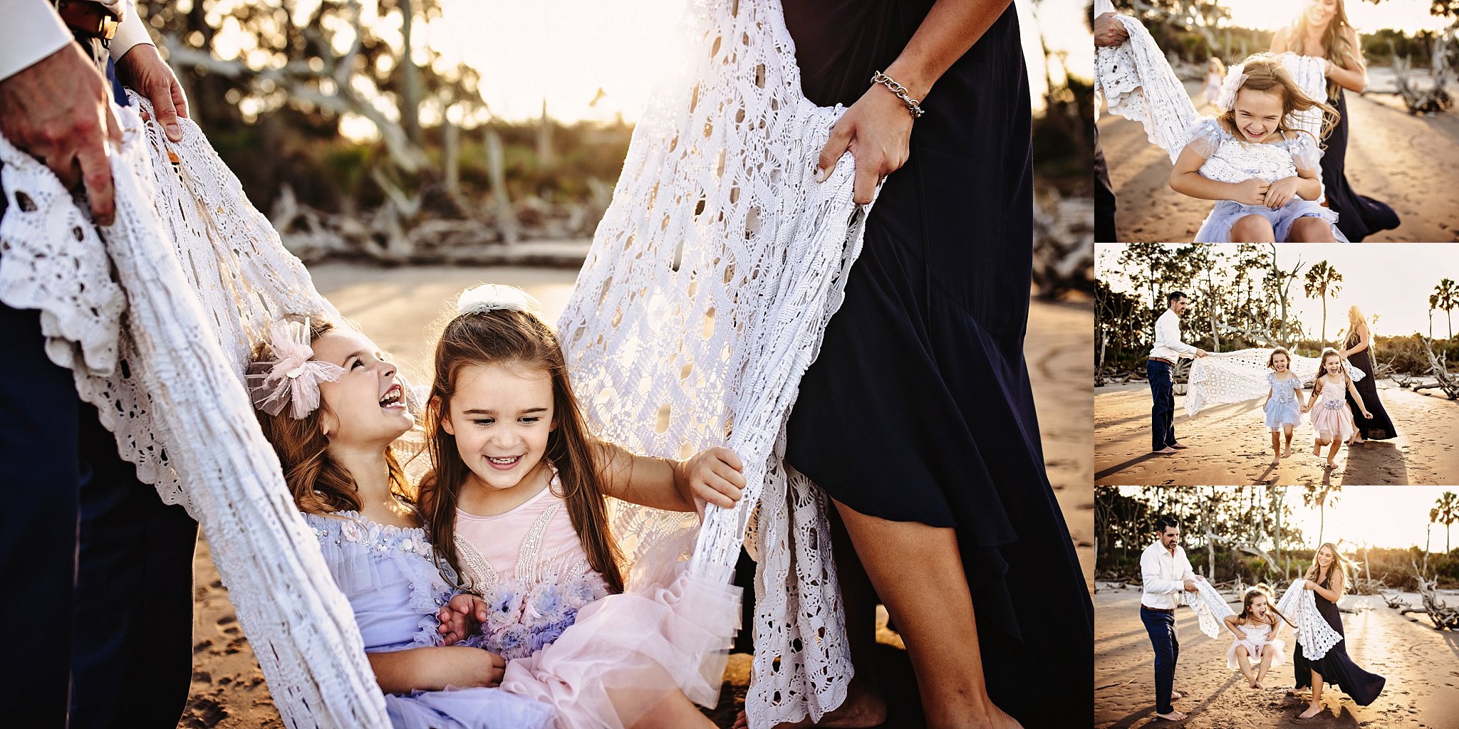 daughters swinging on a blanket during beach family session