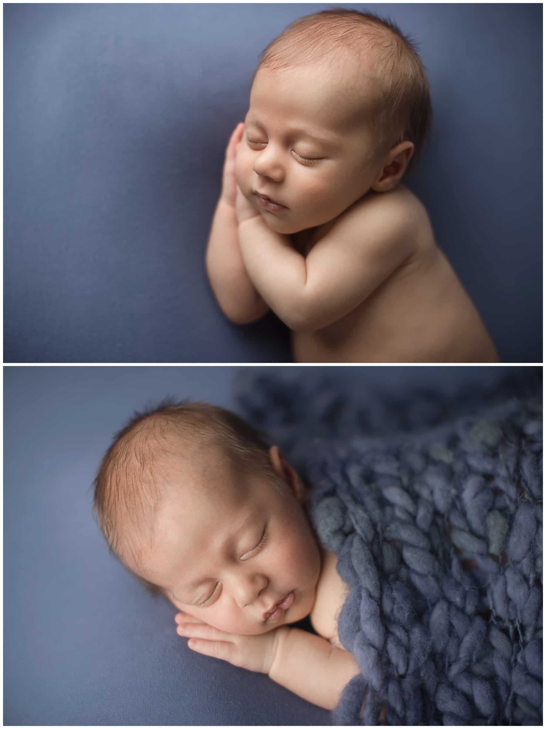 6 week old boy sleeping on purple gray backdrop