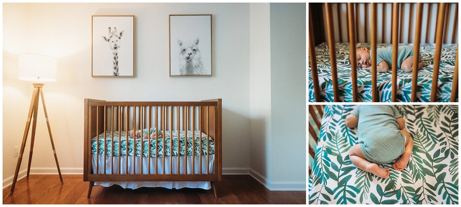 minimalist nursery with palm tree leaf bedding