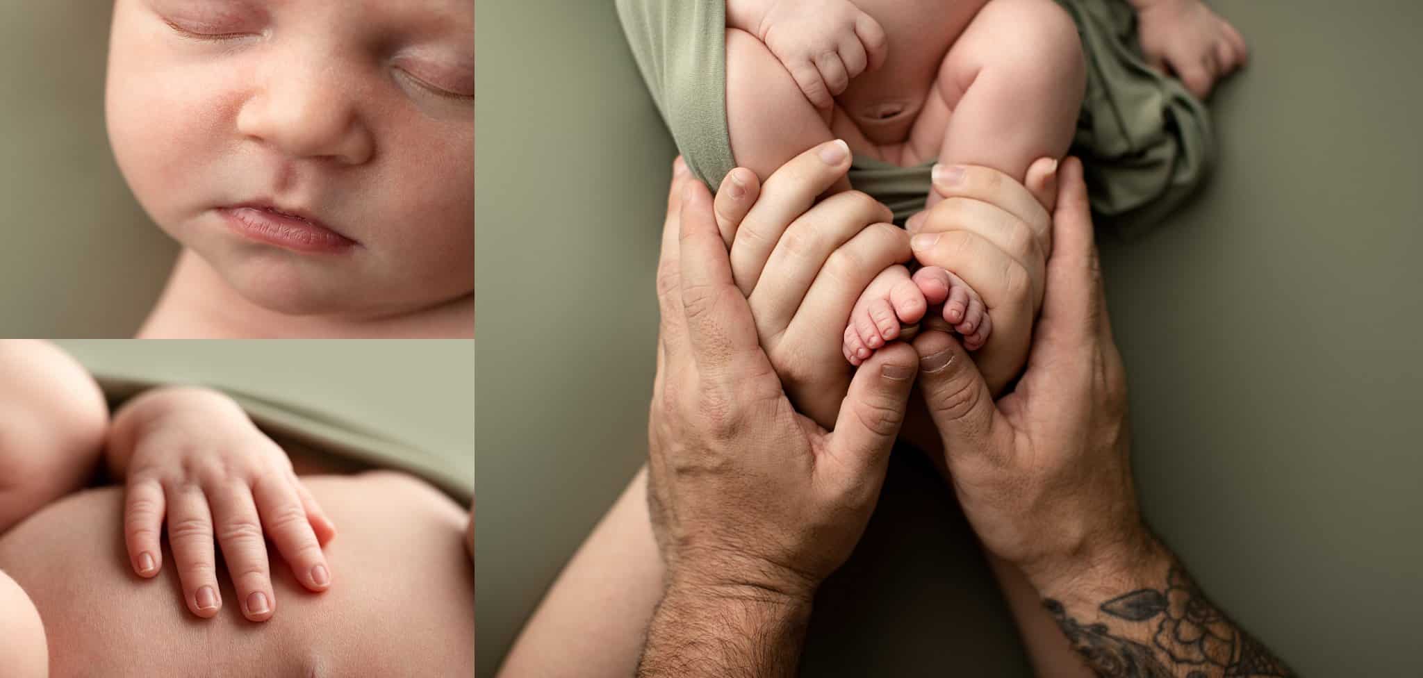 mom and dad holding newborn baby's feet in their hands