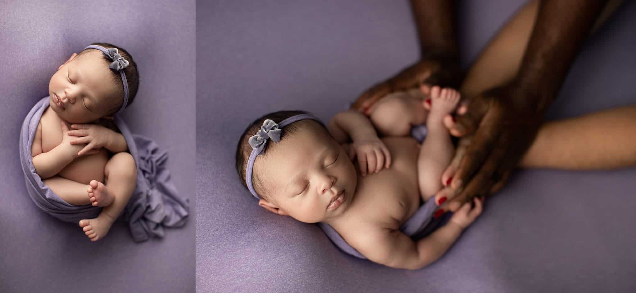 newborn baby with purple set up
