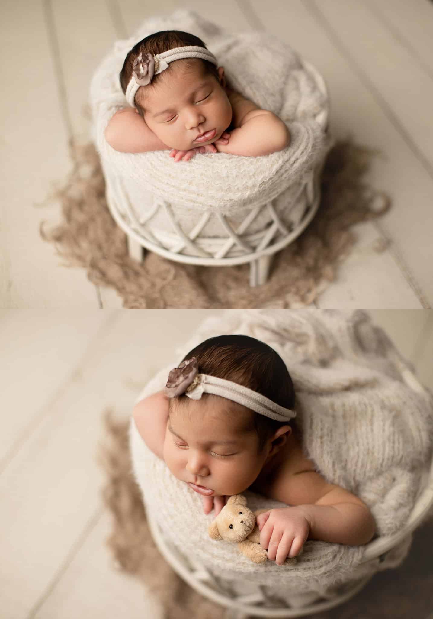 newborn in woven basked on white wood floors