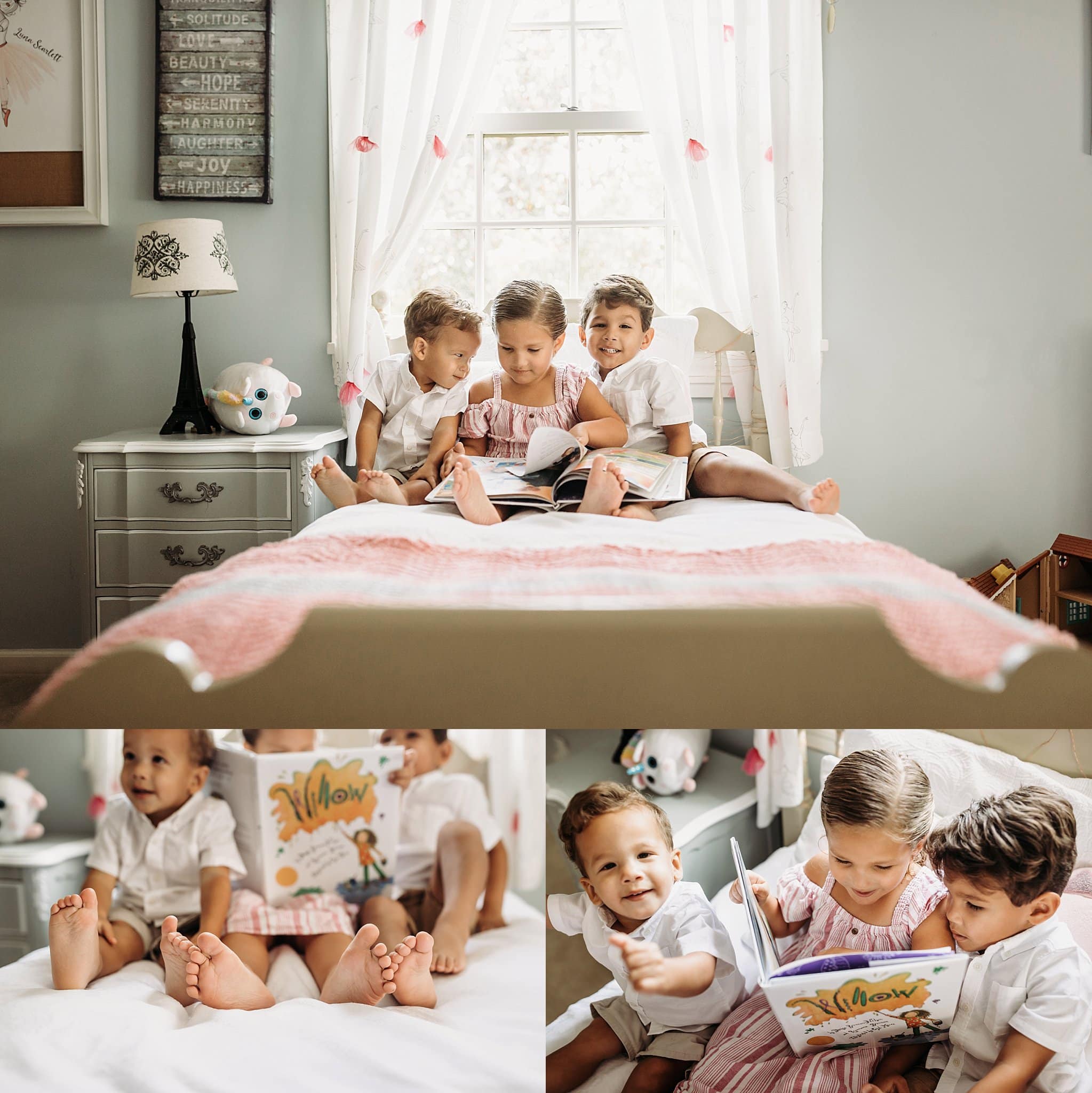 older siblings reading a book together in bed