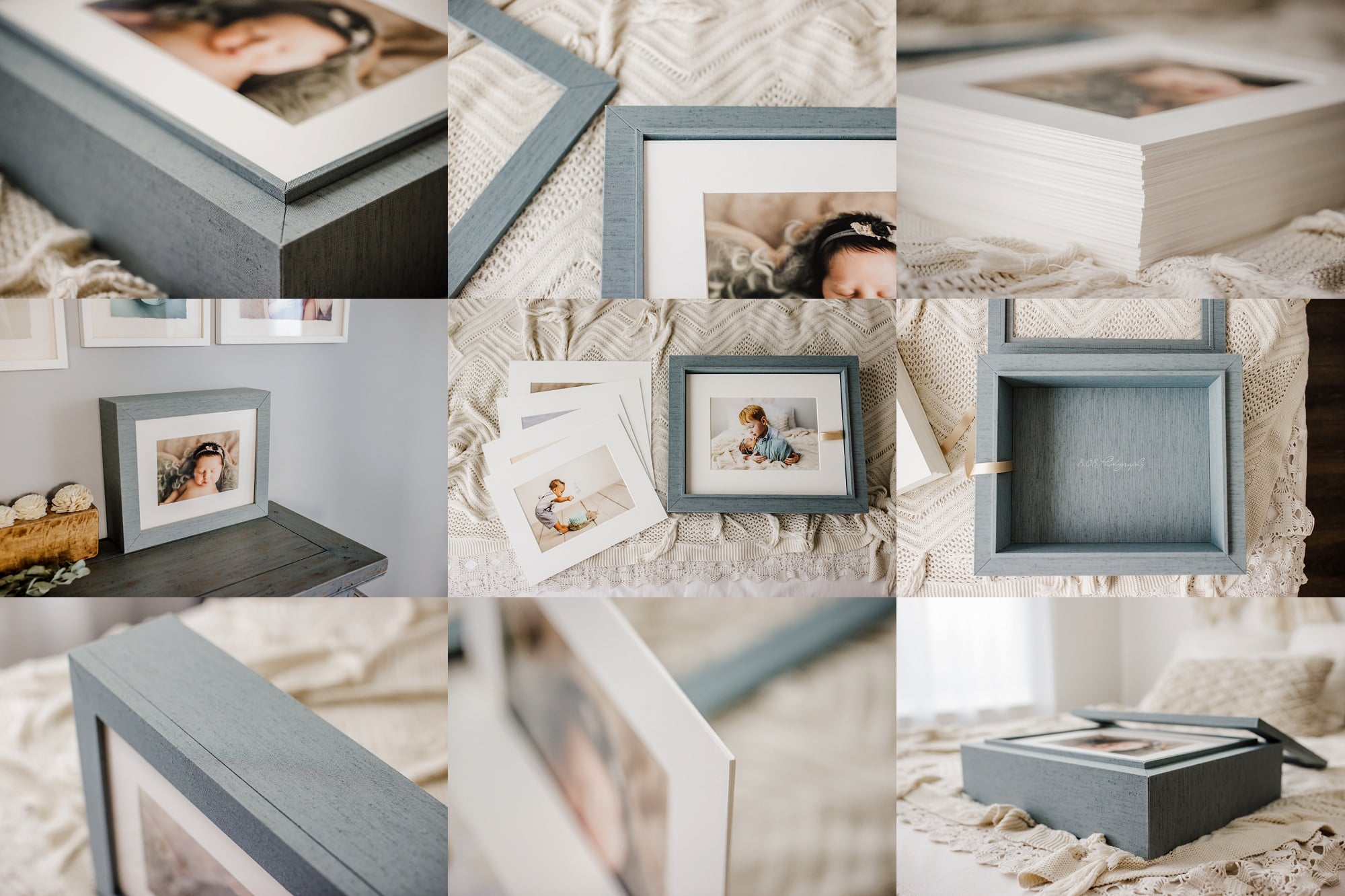 blue linen box with clear cover holding photos in what art mats on cream background