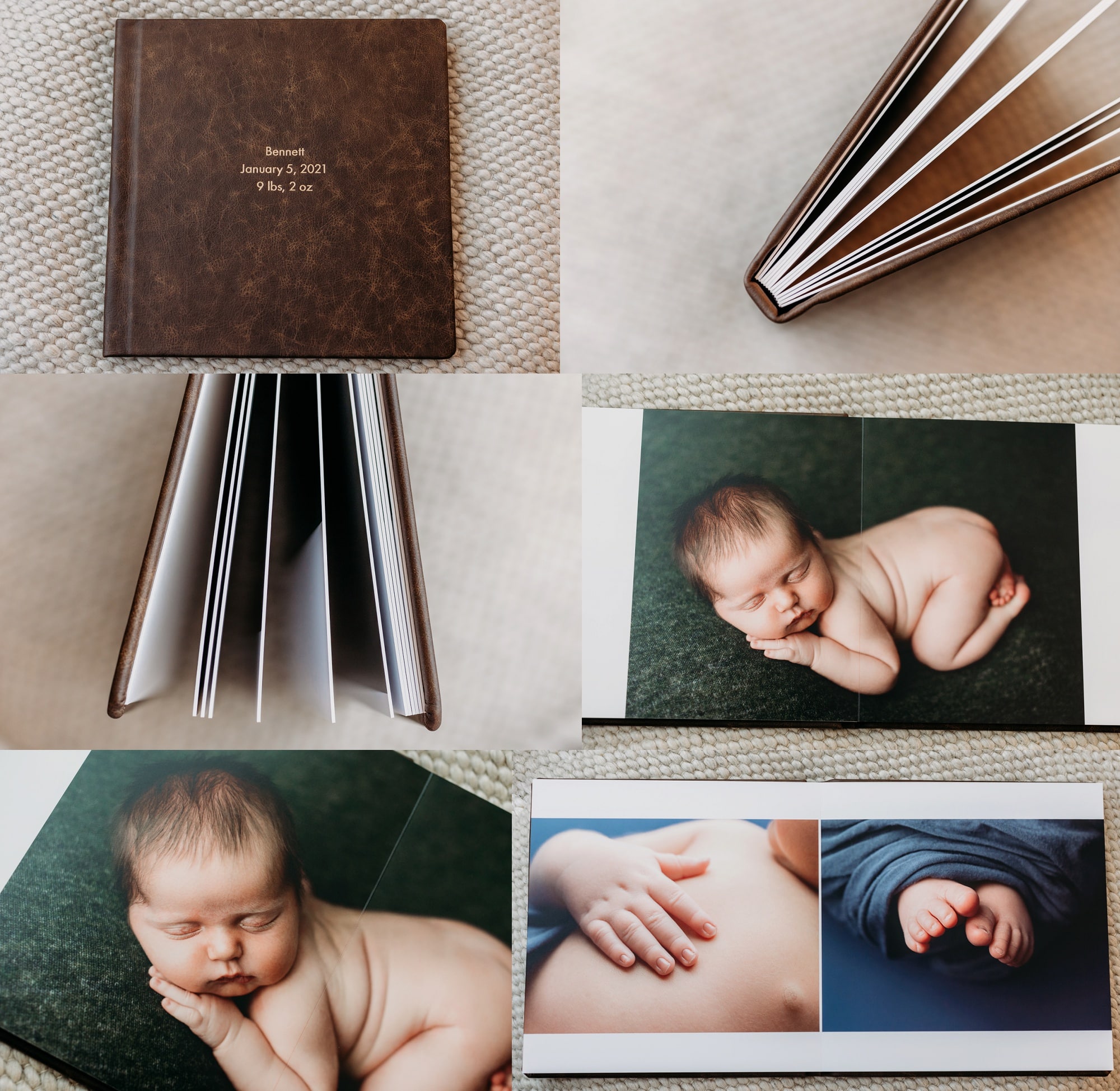 fine art photography products bown leather lay flat photo album gold embossing newborn baby boy on green and blue