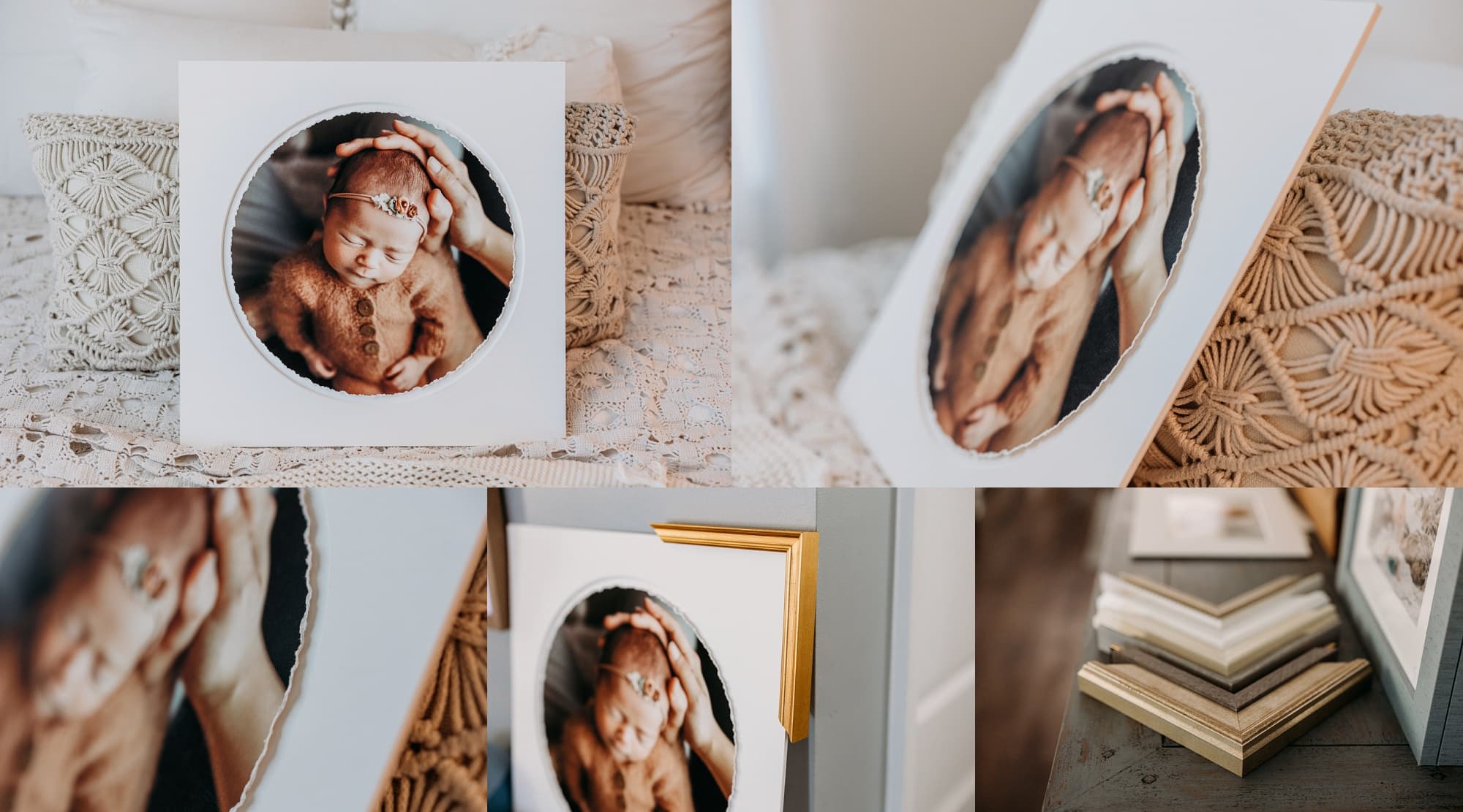 Hand torn photograph of baby girl in mom's hands in white mat with gold frame