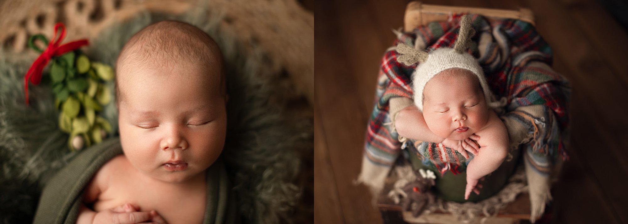 newborn baby with plaid material and mistletoe