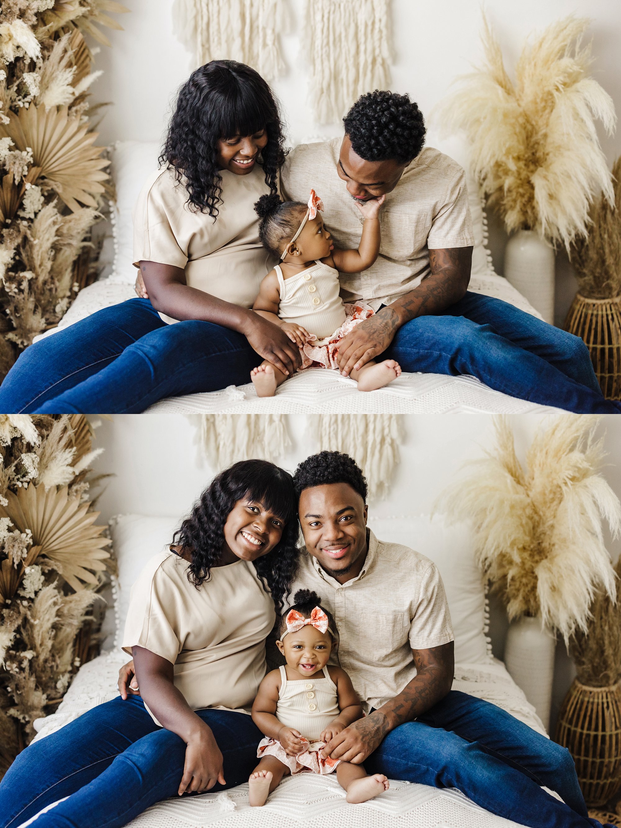 mom and dad with one year old daughter on bed indoor photography studio 
