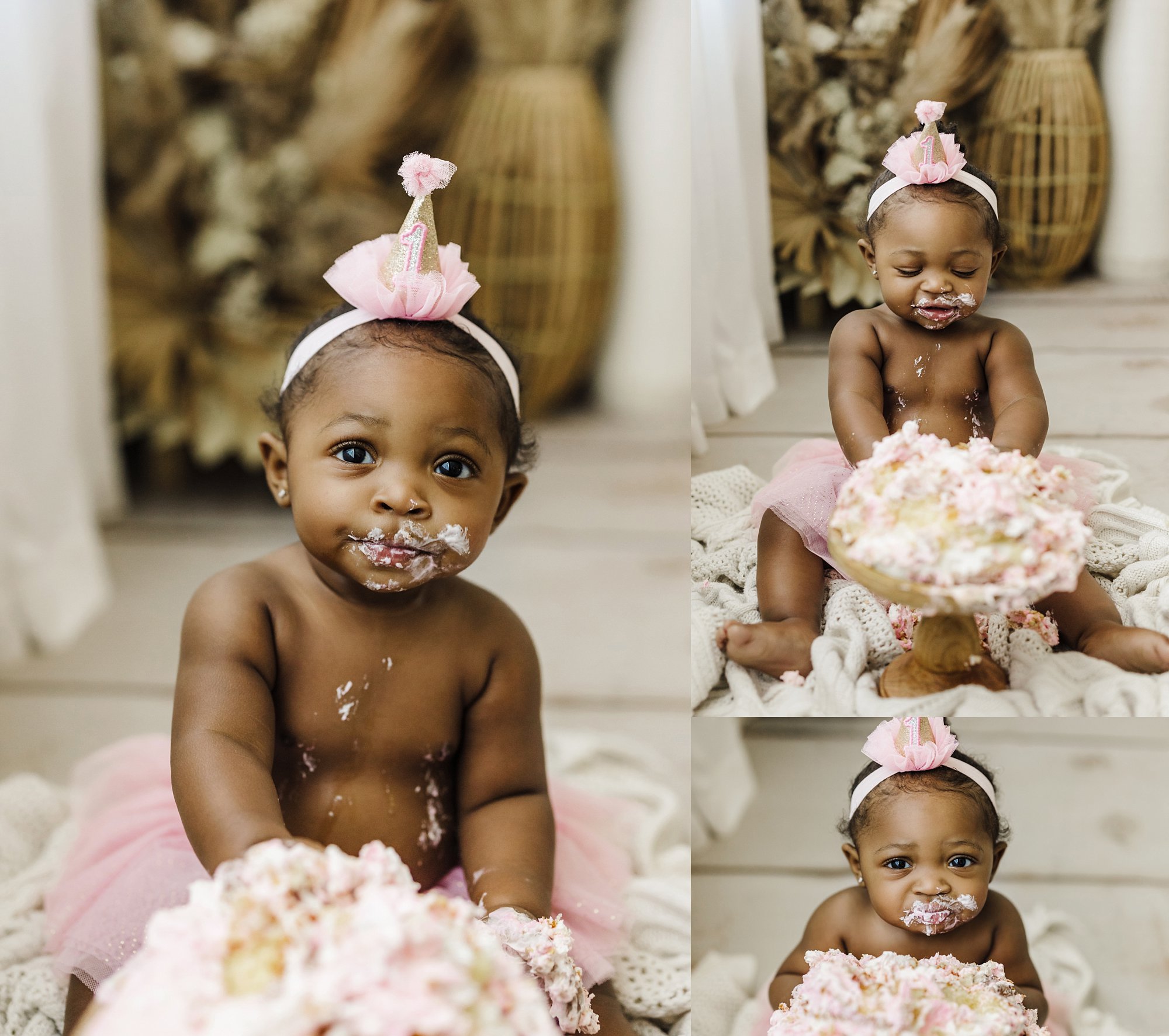 one year old baby girl with birthday hat and pink tutu at cake smash session in jacksonville florida