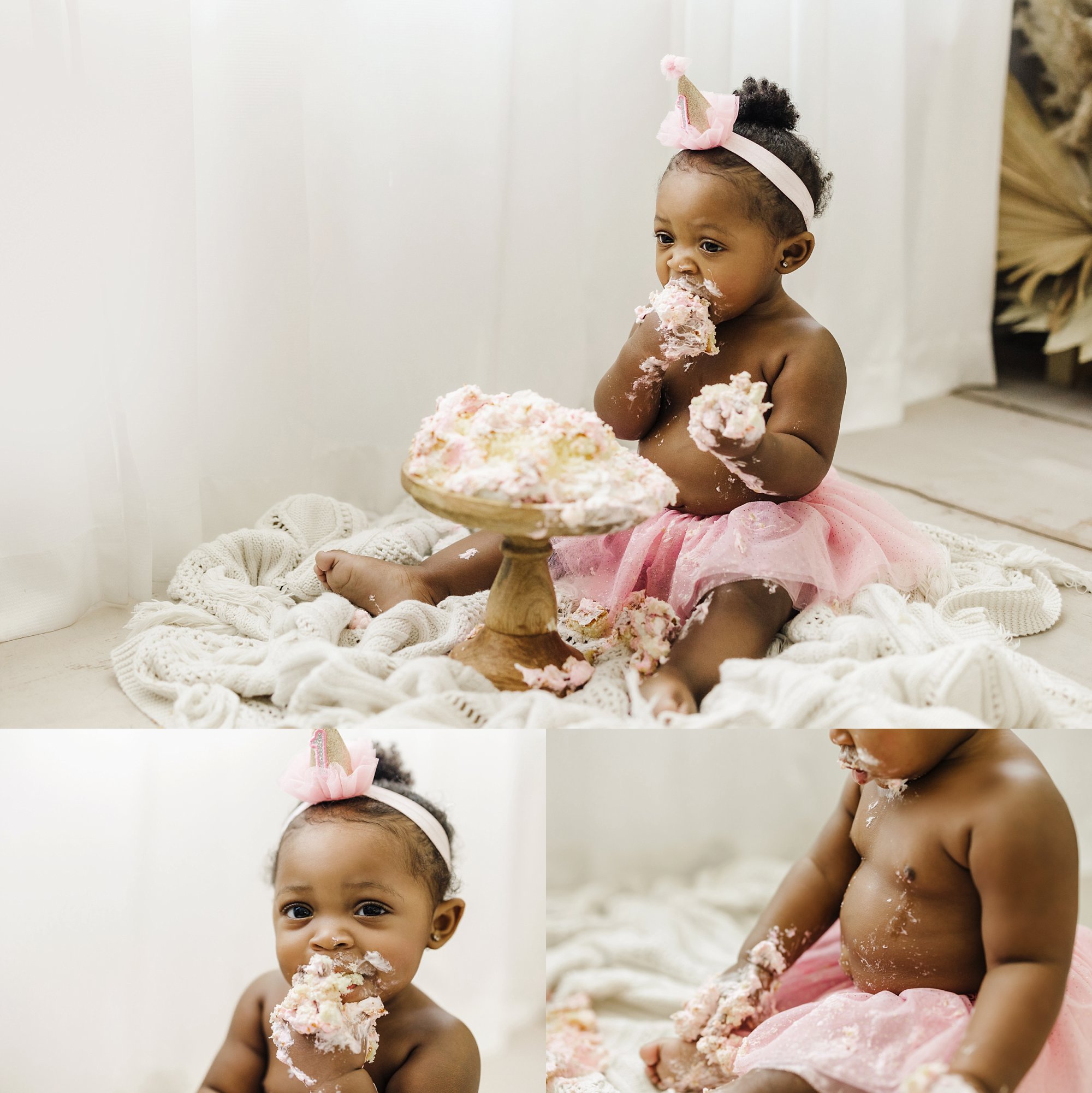 one year old girl cake smash session with pink tutu