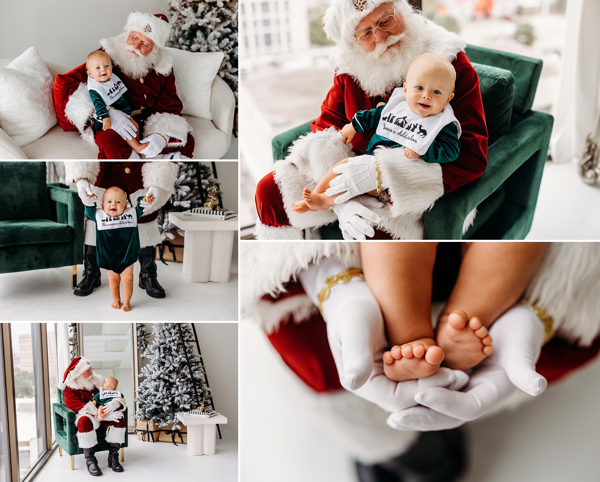 Baby smiling and interacting with Santa Claus Ron during a Christmas photo session
