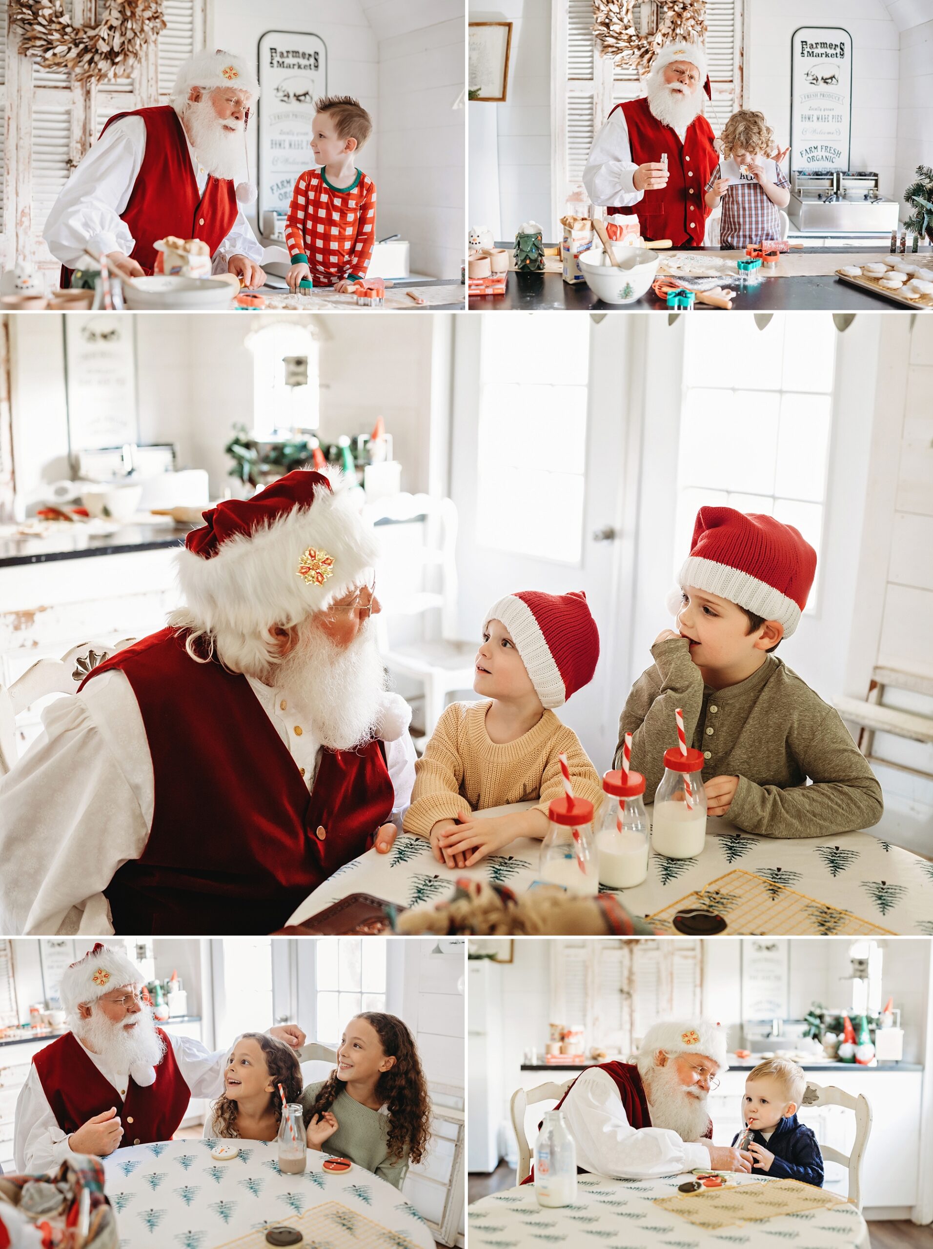 Santa Claus Ron baking Christmas cookies and sharing milk with children during a holiday photo session