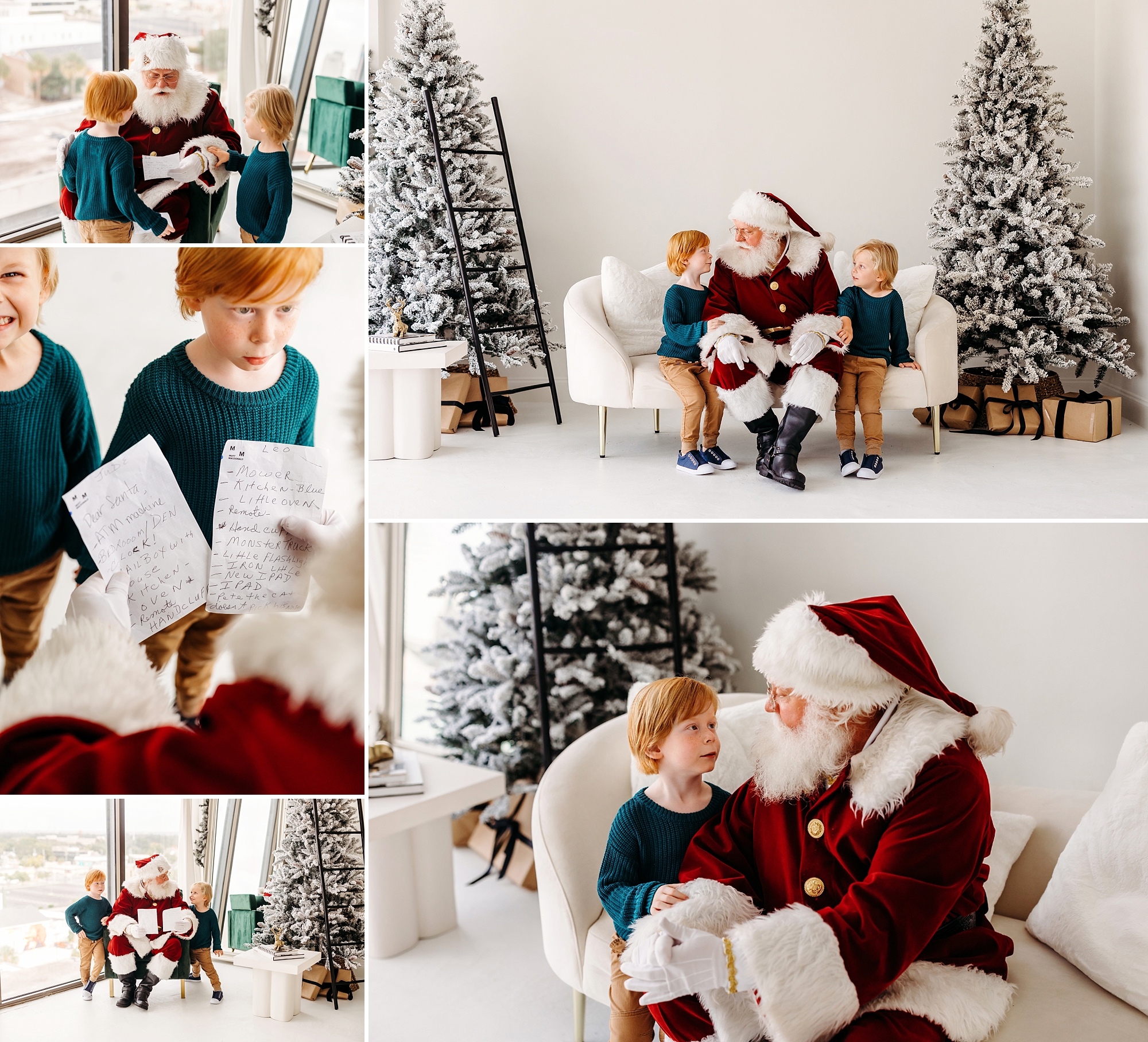 Two boys sharing their handwritten Christmas lists with Santa Claus Ron