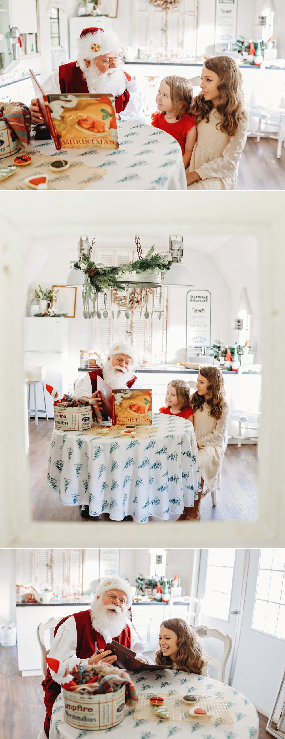 Santa Claus Ron reading a Christmas story to two girls after making holiday cookies