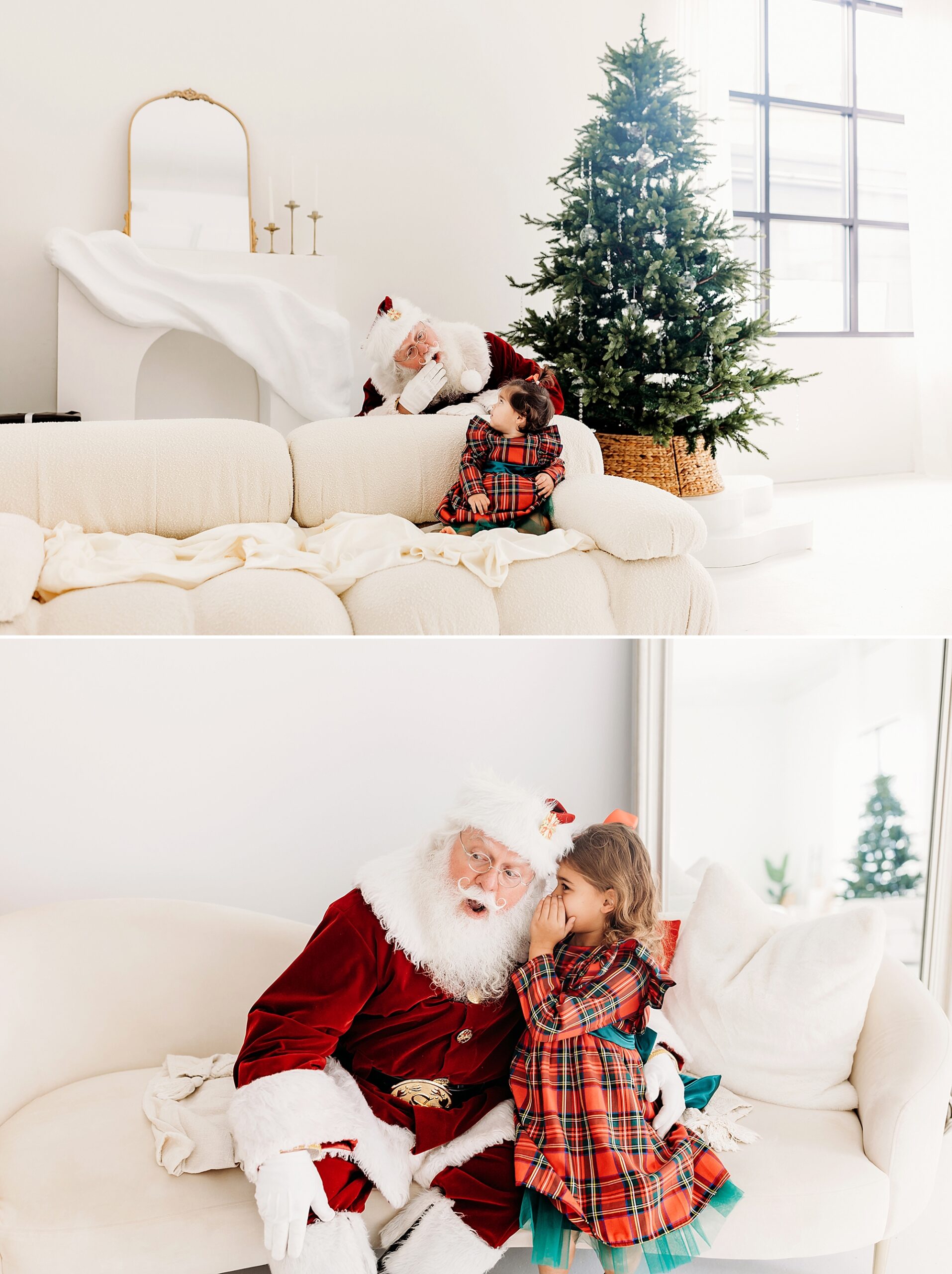 Girl in a plaid Christmas dress whispering her Christmas wishes to Santa
