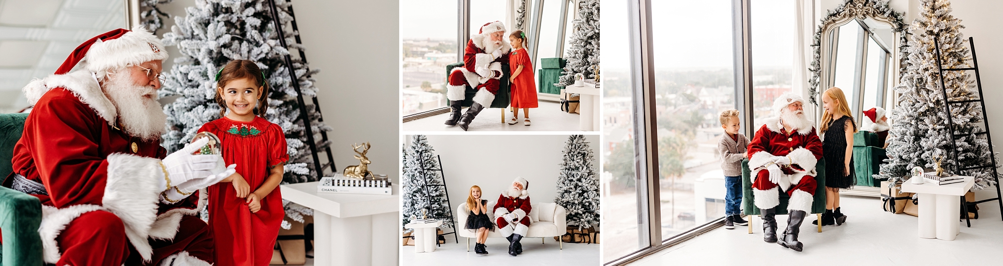 Santa Claus Ron talking and posing with children beside flocked Christmas trees
