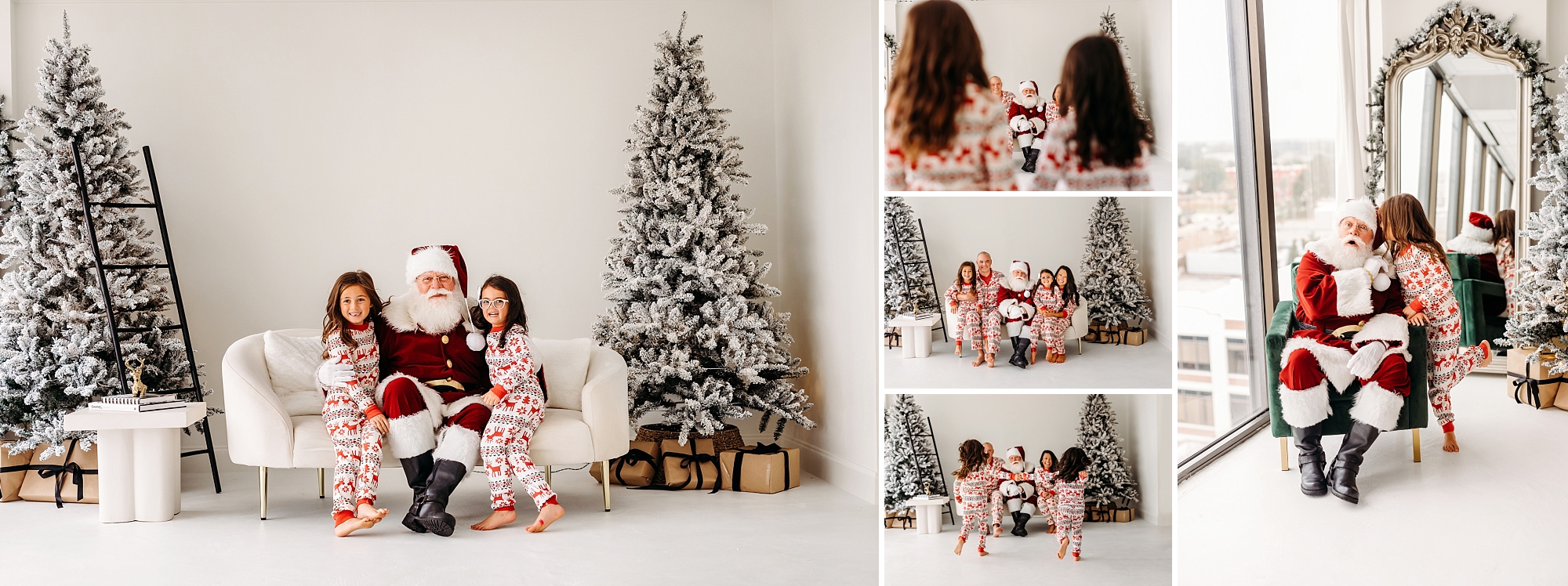 Santa talking and posing with children during a Christmas photo session