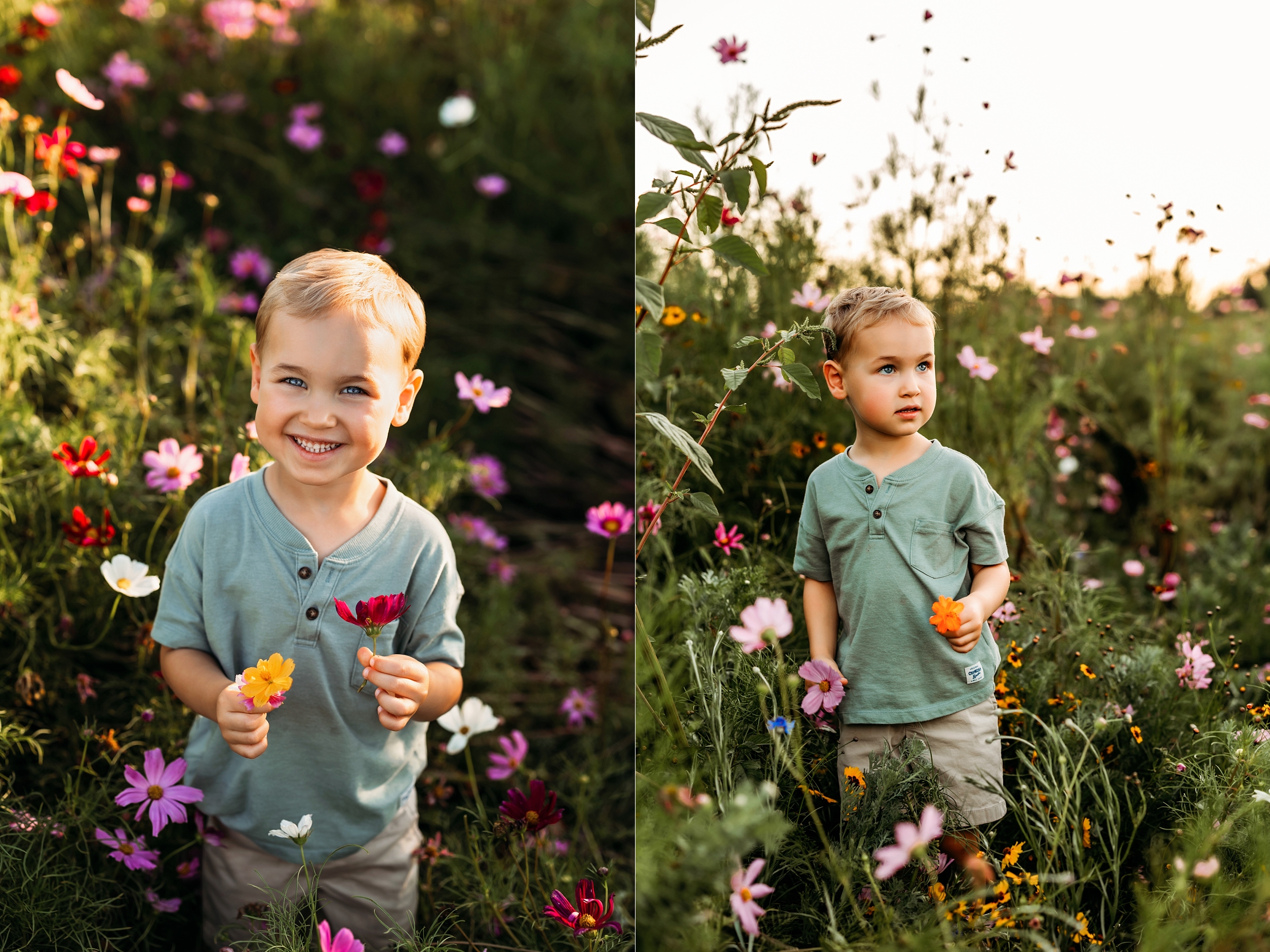 Young boy smiling and holding freshly picked flowers during a St. Augustine wildflower photo session.