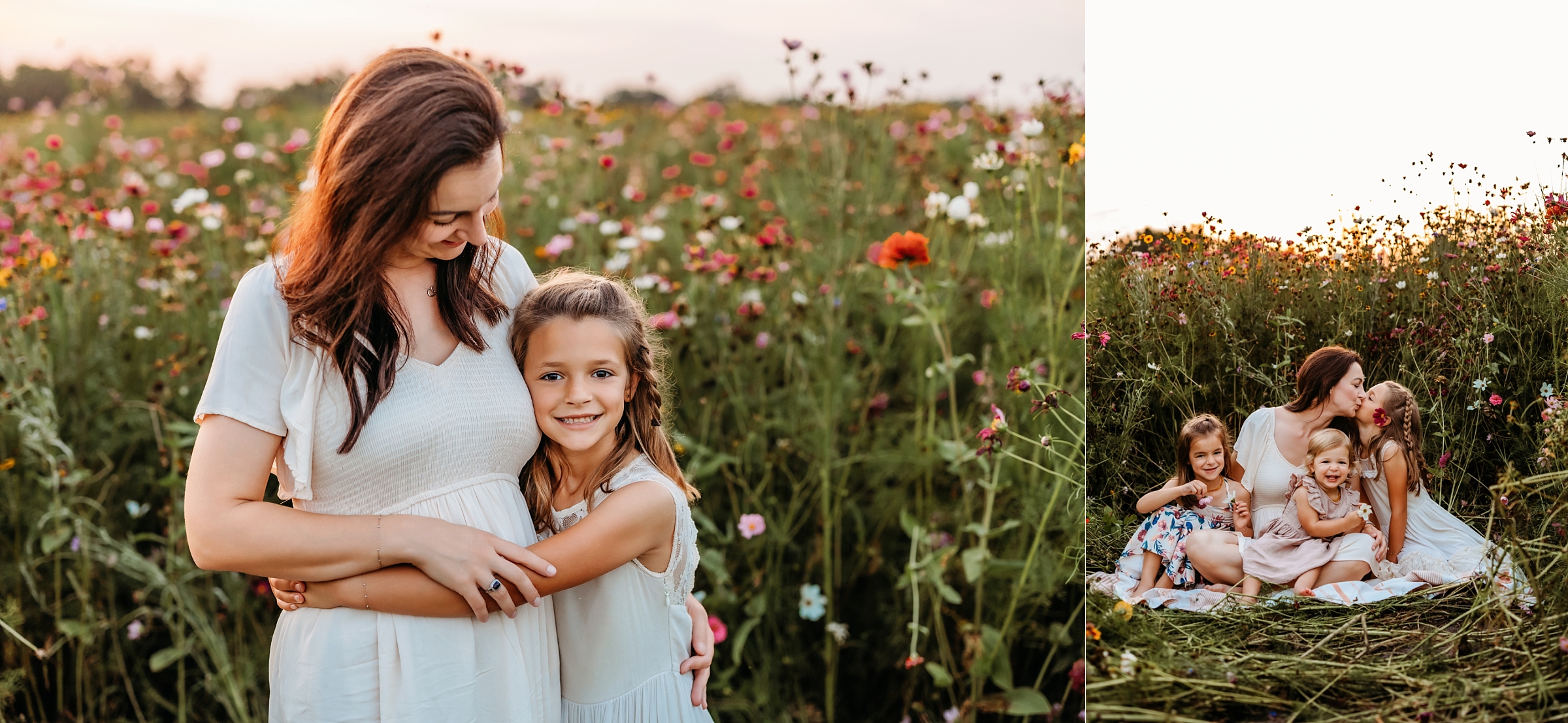Mother and young daughter sitting together among colorful wildflowers in warm golden evening light.