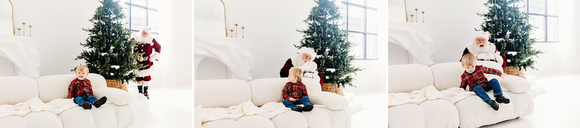 Santa playfully peeking around a Christmas tree while a toddler watches from the couch