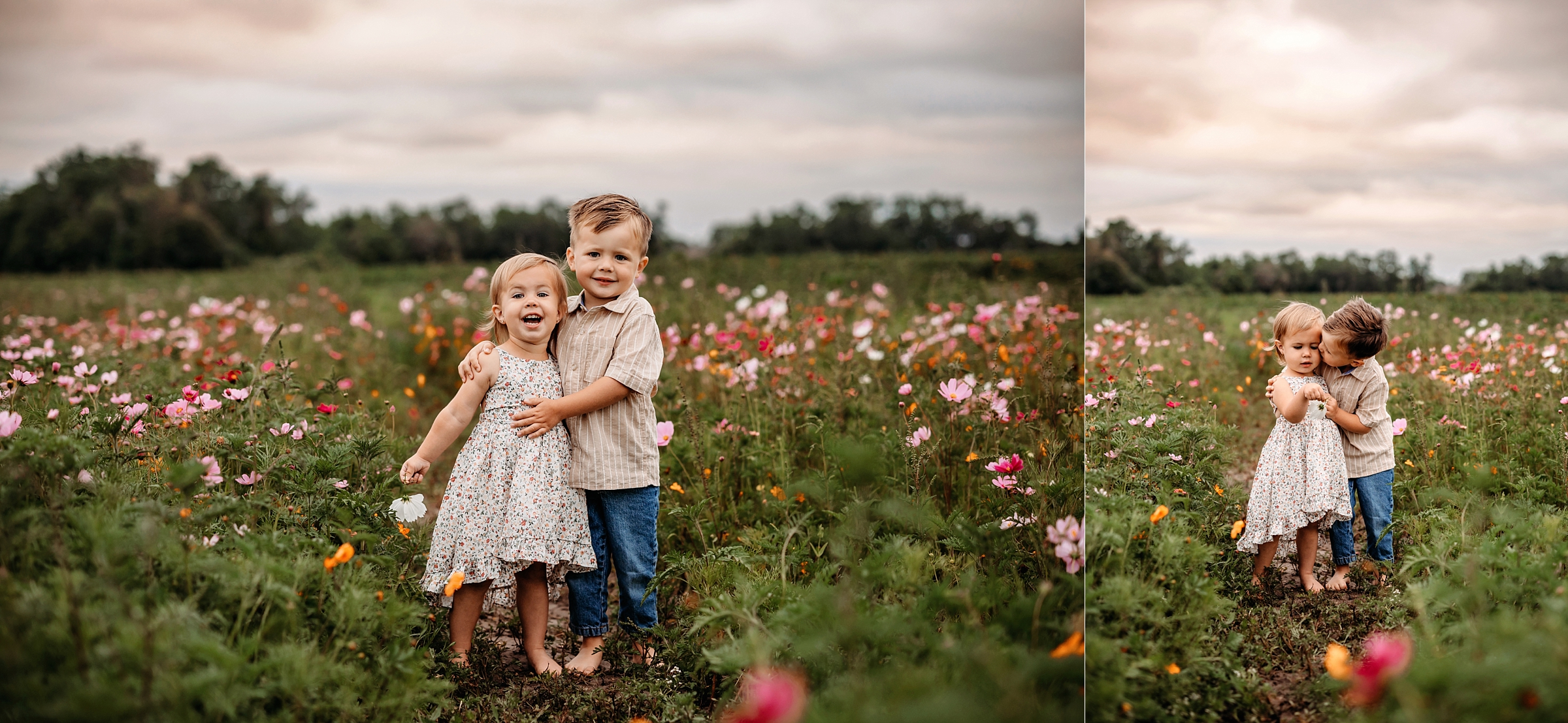 Young brother and sister hugging, laughing and exploring the wildflower field together on a cloudy evening.