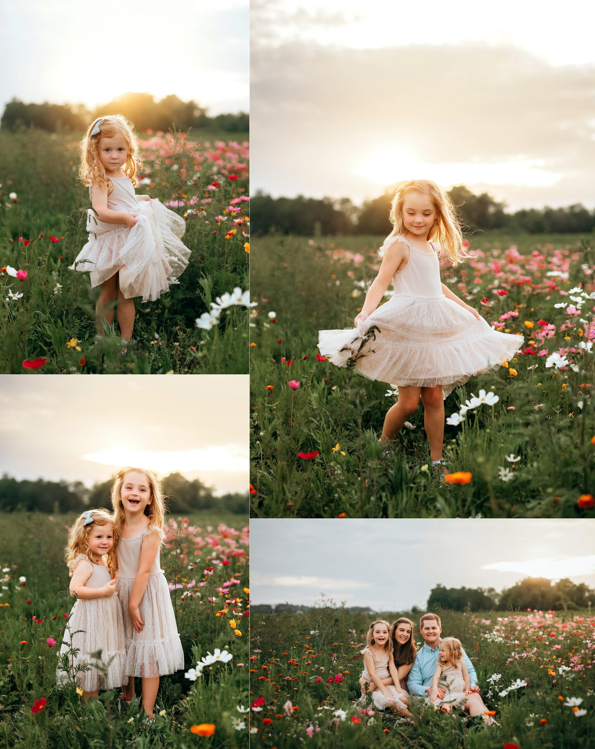 Two young sisters twirling, laughing and posing with their family in a colorful St. Augustine wildflower field.