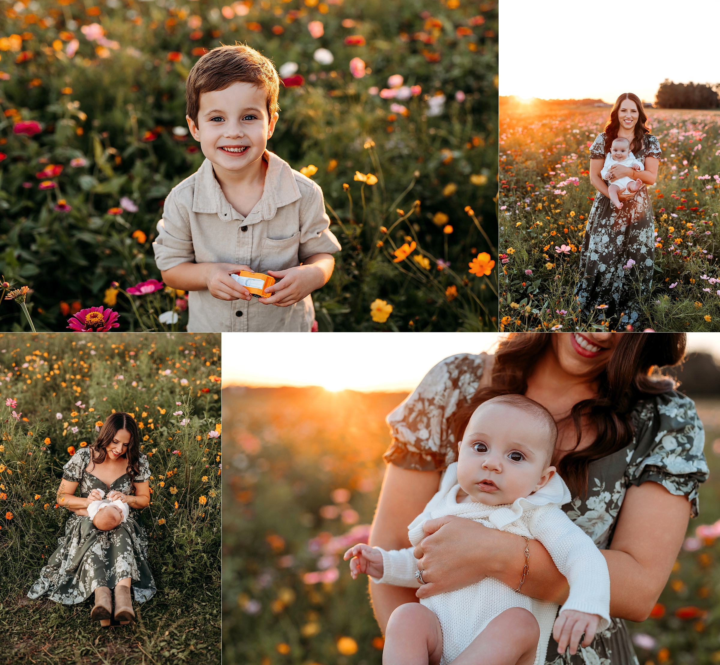 Mother with her baby and young son during a warm sunset family session in a colorful St. Augustine wildflower field.