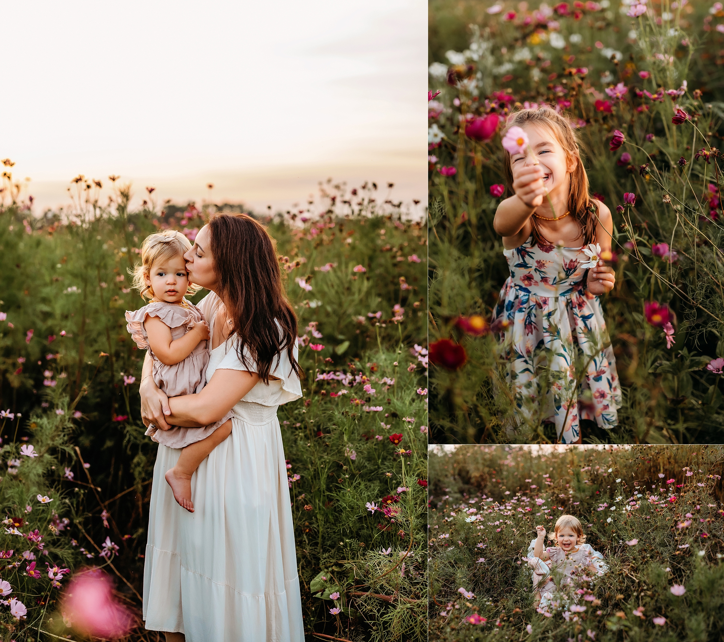 Mother with her young daughters surrounded by colorful wildflowers during a St. Augustine family photo session.