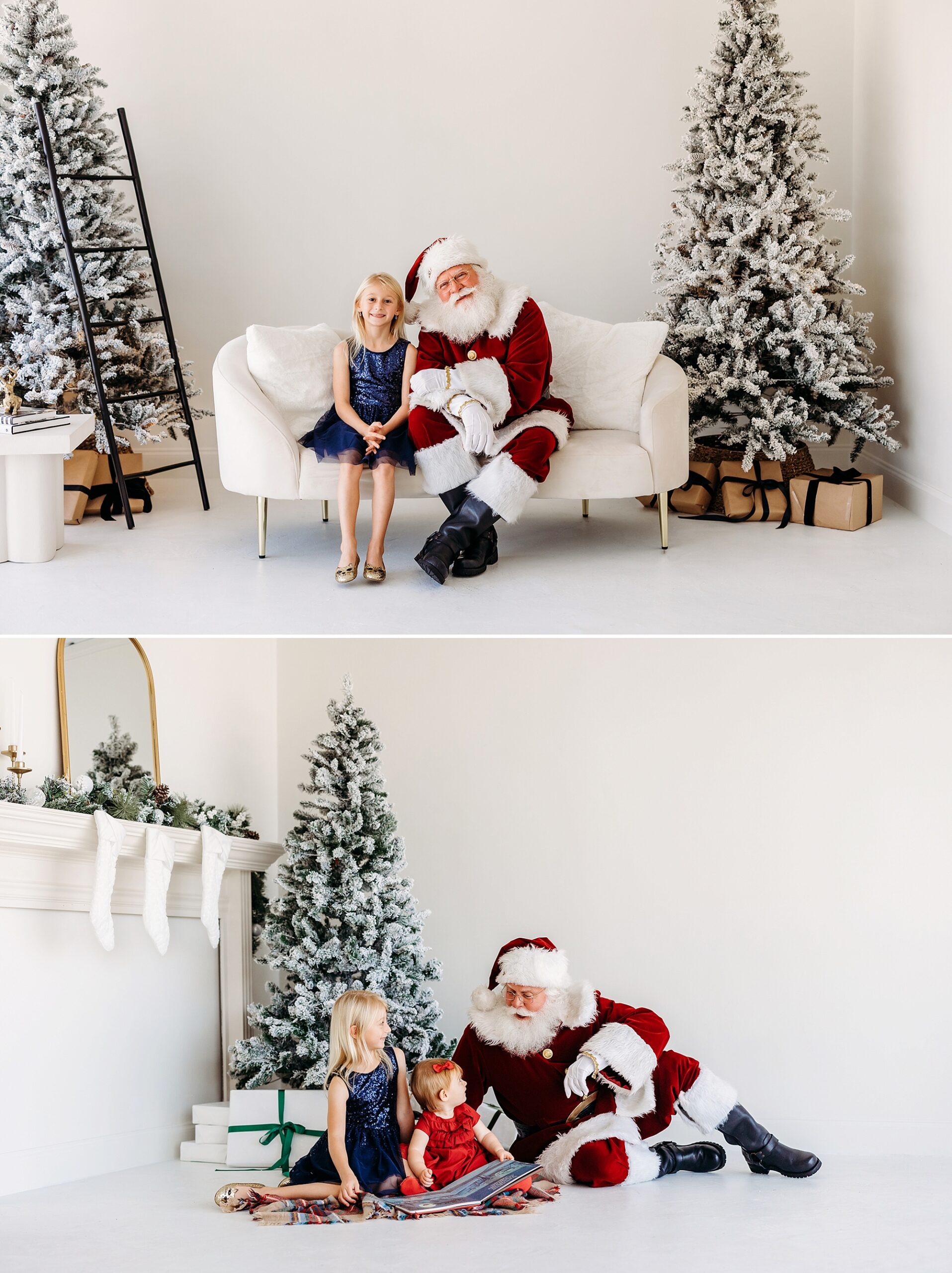 Santa posing with a girl and reading a Christmas story with children beside flocked trees